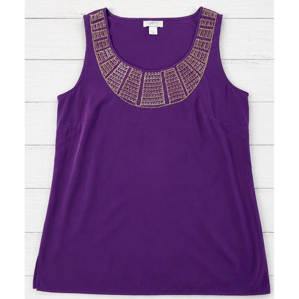 LOFT Tank Top Purple Gold Embroidered Scoop Neck Sleeveless Blouse Size S
